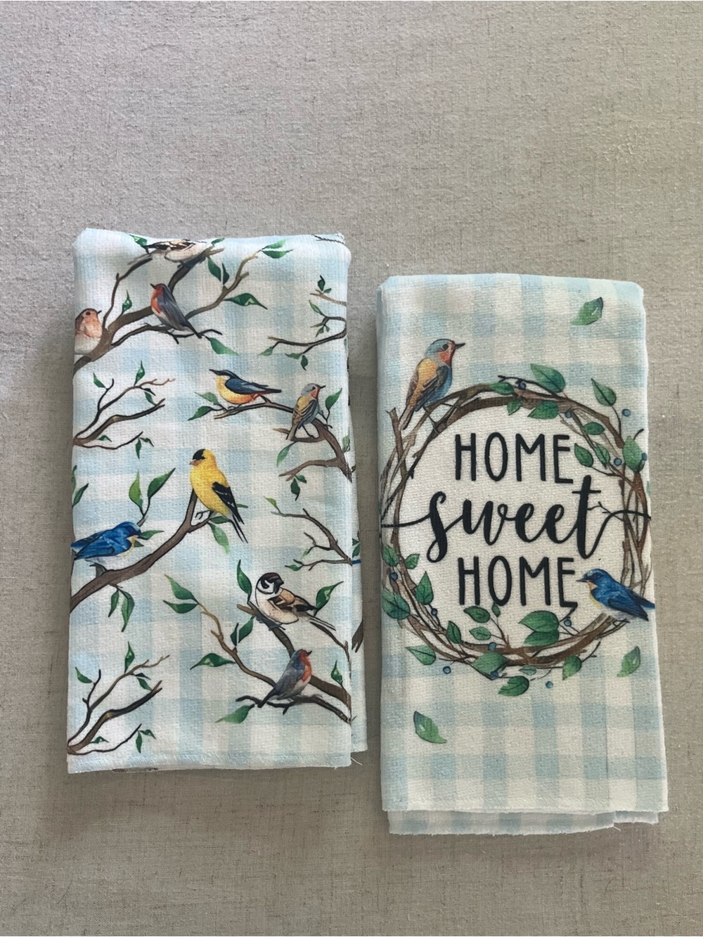 Set of 2 Bird & Gingham Kitchen Hand Towels "Home Sweet Home" Cottagecore